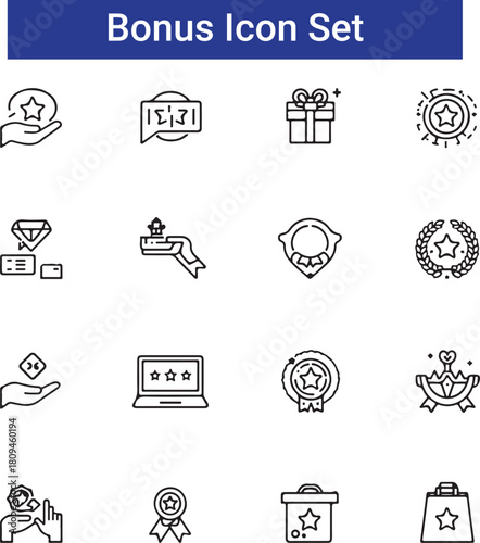 Savings Icons Set. Outline icon set of savings incentives: bonus badge, referral gift box, cashback coin, tiered badge, loyalty
