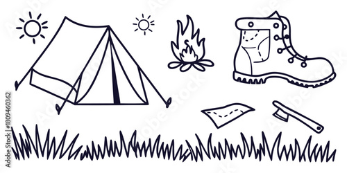 A camping tent, campfire, hiking boot, map, axe, and grass are depicted in a doodle style.