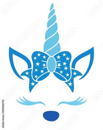blue unicorn with horn and bow decorated with stars