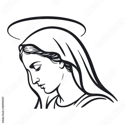 Illustration of the virgin mary with a halo, depicted in a simple black and white line drawing isolated on white background