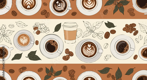 Vector illustration of a vintage coffee word cloud with espresso and cappuccino icons on a brown chalkboard background for cafe menu design