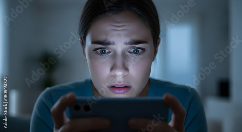 Dramatic Portrait of a Worried Young Woman Looking at Mobile Phone Screen