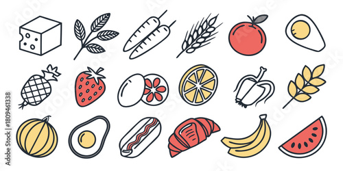 A collection of various colorful food icons is displayed in a grid.