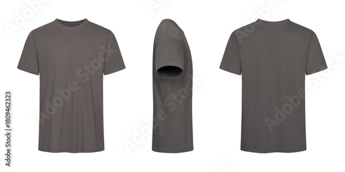 Three views of a dark gray tshirt on white background mockup