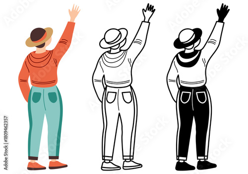 Creative flat vector illustration showing a young woman with raised hands