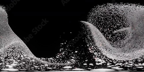 Immersive 360VR 4K video loop of an abstract particle wave forming a flowing cosmic vortex of white spheres on a dark background.