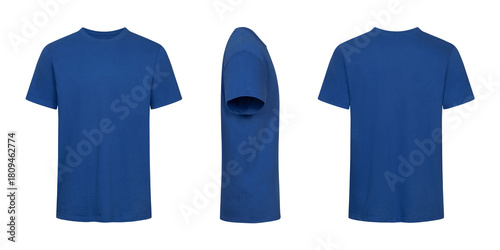 Royal blue t shirt mockup three views isolated on white background