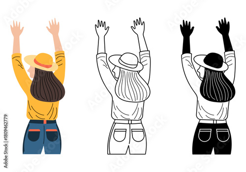 Flat vector illustration featuring a young woman with lifted hands