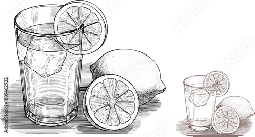 Refreshing lemonade illustration with lemons and ice cubes in a tall glass cup