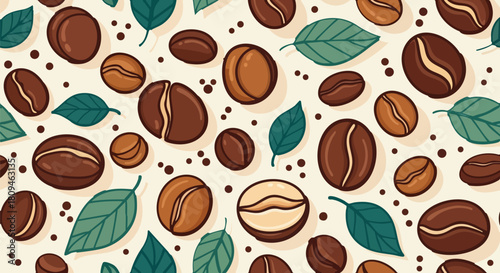 Coffee beans and leaves create a seamless pattern perfect for backgrounds or designs