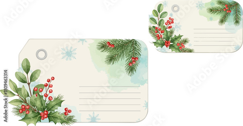 Festive christmas gift tags with holly berries and evergreen branches decoration