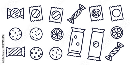A collection of various candies and sweets in a simple outline drawing style.