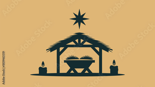 A simple silhouette of a nativity scene with a star and candles on a tan colored background art