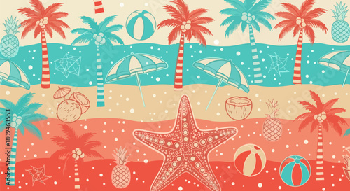 Tropical beach scene with palm trees starfish coconuts and beach balls pattern
