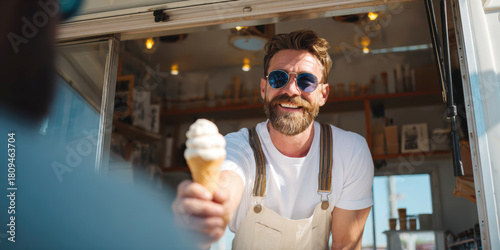 Food truck vendor serving ice cream, smiling man delivering a refreshing summer dessert from his mobile shop