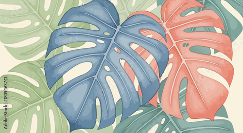 Monstera leaves in pastel colors create a calming and tropical botanical background