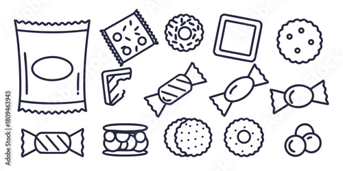 An assortment of cookies, candies, and packaged snacks are depicted in this graphic illustration.