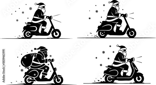 Santa claus delivering gifts on a scooter in a festive christmas silhouette scene