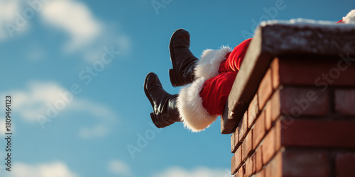 Santa claus getting stuck in a chimney on a brick rooftop against a blue sky, delivering holiday cheer