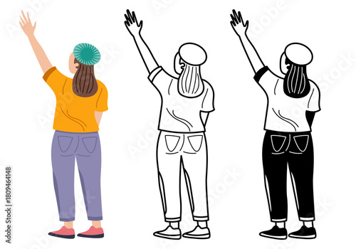 Young woman happily raising her hands illustrated in a clean minimal flat vector
