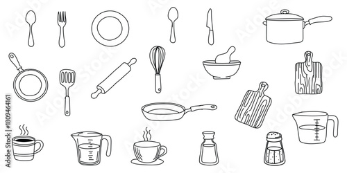 “Home Cooking  hand drawing Sketch Icon Bundle Featuring Ingredients, Tools, Plates, and Culinary Elements”