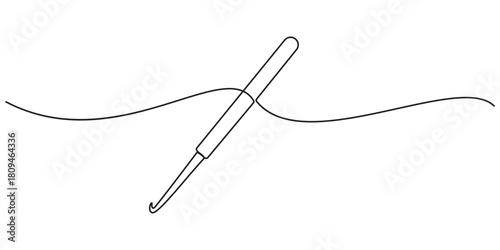 Crochet hook continuous one line drawing, Antique engraving illustration. Crochet, detailed illustration of crochet tools, featuring yarn ball and crochet hook, showcasing art of crafting.