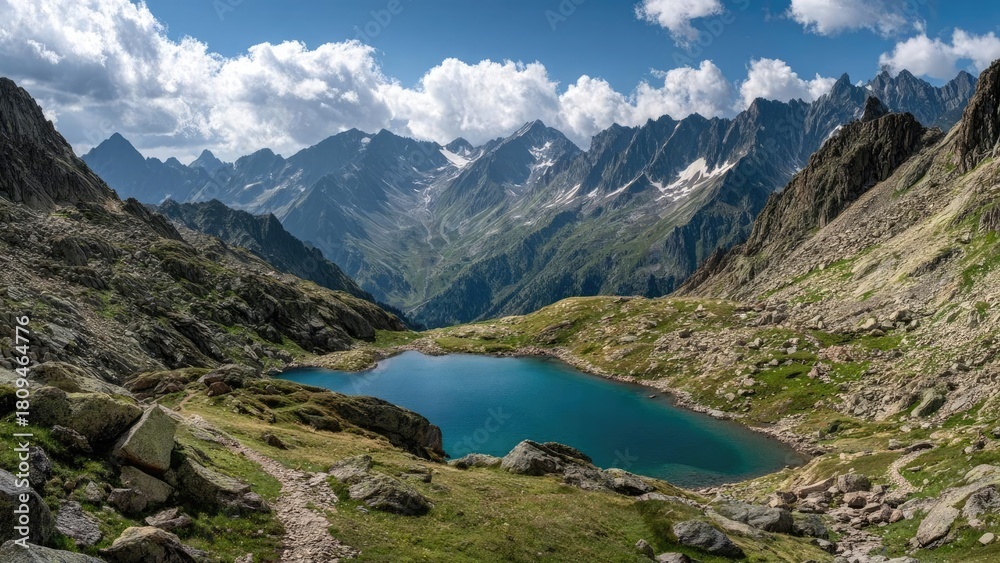 Naklejka premium An emerald-blue alpine lake nestled in a rocky mountain valley, surrounded by jagged peaks under a blue sky. Concept Emerald-Blue Alpine Lake, Rocky Mountain Valley, Jagged Peaks, Clear Blue Sky