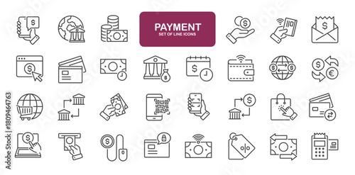 Set of line icons related to payment. Outline icons collection