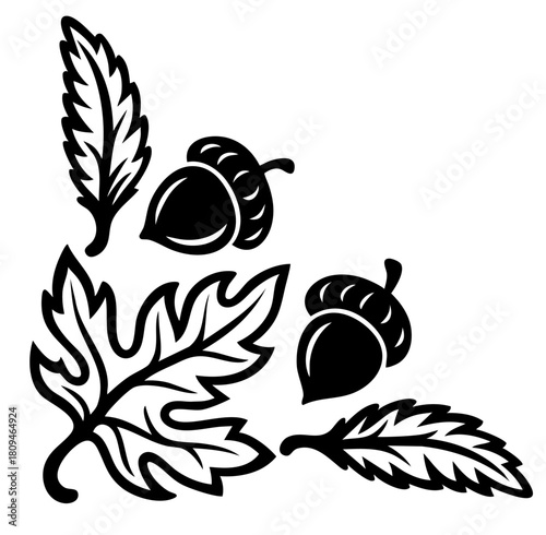 Black corner ornament with oak leaves and rustic acorns