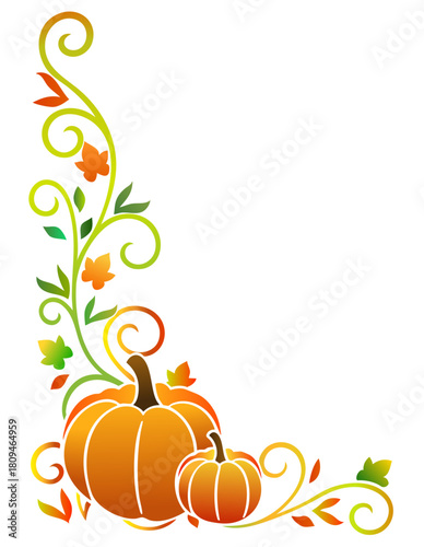 Fall corner border with pumpkins and swirling autumn vines