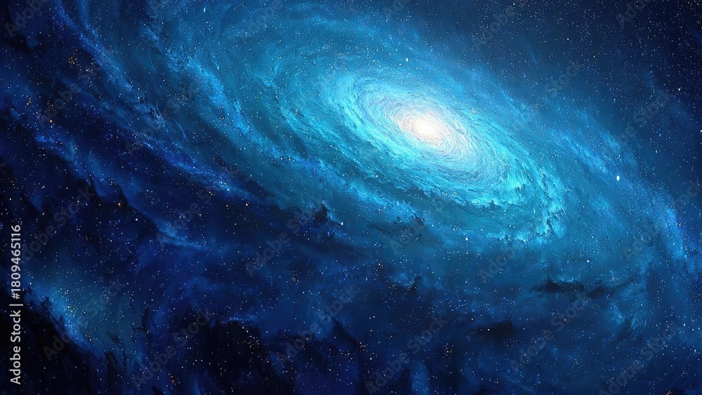 Fototapeta premium Blue spiral galaxy with a bright core and swirling blue arms in deep space. Concept Blue spiral galaxy, Bright core, Swirling blue arms, Deep space, Astronomy photography