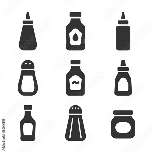 Set of condiment bottle and jar icons in various shapes and designs.
