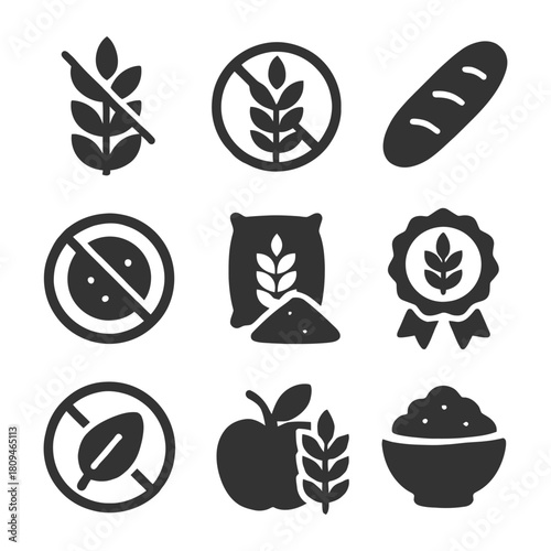 Gluten-free icons: bread, wheat, apple, bowl symbols for allergy awareness.