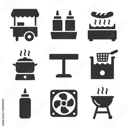 Food cart icons: ketchup, hot dog, soup, grill, ventilation, fryer.