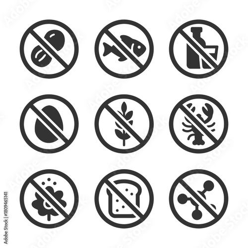 Nine food allergy icons indicating common dietary restrictions.