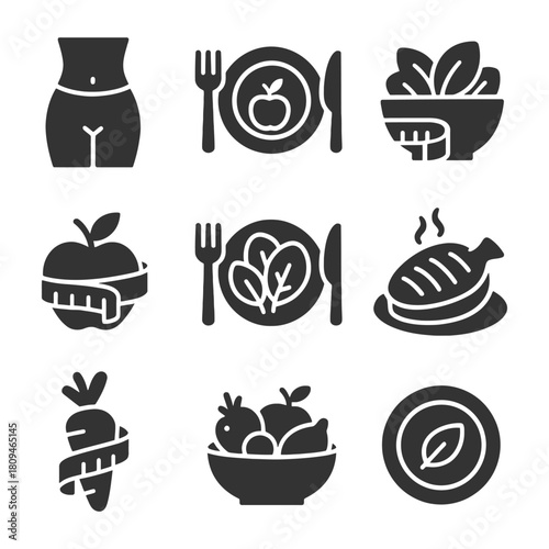 Healthy eating icons: balanced diet, vegetables, and nutrition symbols.