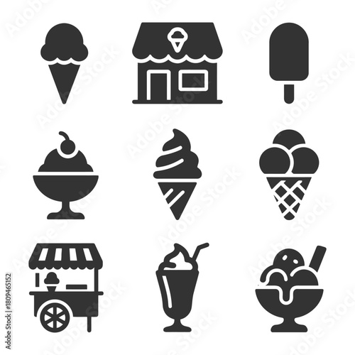 Set of ice cream and dessert shop icons in black and white.
