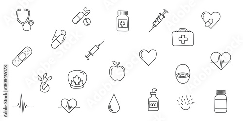 Hand-Drawn Healthcare Love Icon Set with Syringes, Medicine Bottles, Hearts, and Cute Pulse Line Art”