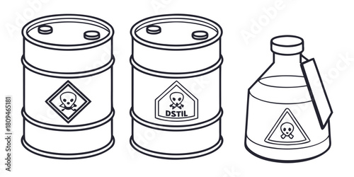 Three containers, two barrels and a bottle, display hazard symbols indicating toxicity.