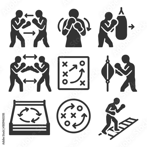 Boxing training icons: techniques, strategy, equipment for athletes.