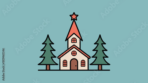 A whimsical illustration of a church with a star on top nestled between two evergreen trees on a blue background