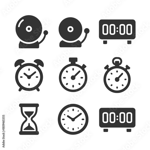 Collection of various clock and timer icons in black and white.