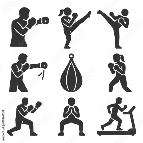 Silhouette martial arts and fitness icons set with boxing and exercise.