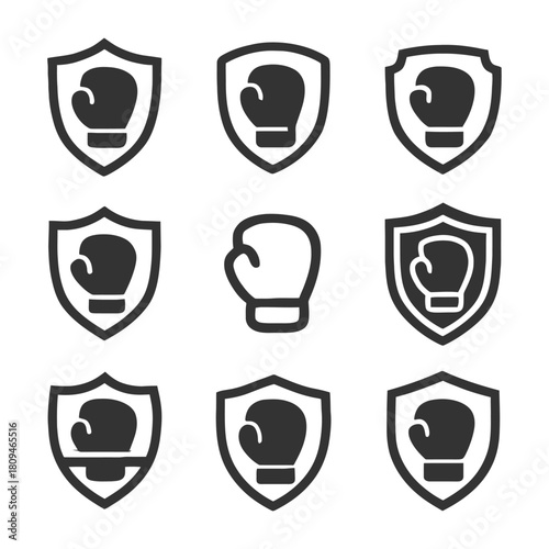Boxing glove icons in shield shapes for sports and fitness designs.