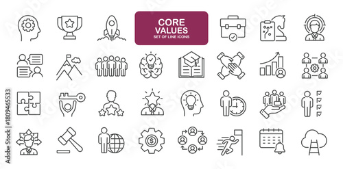 Set of line icons related to core values. Outline icons collection