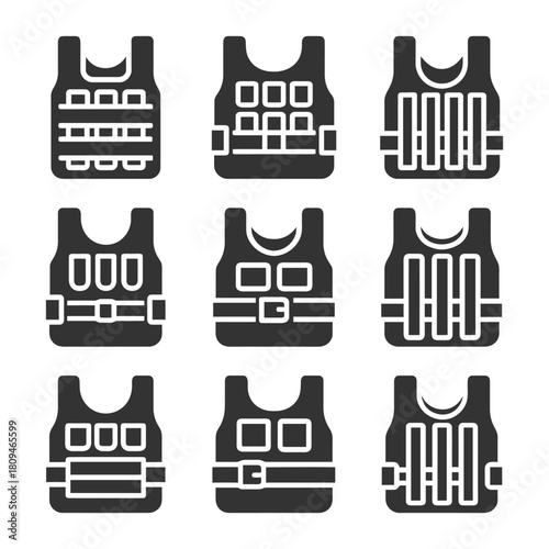 Set of nine black tactical vest icons in different styles.
