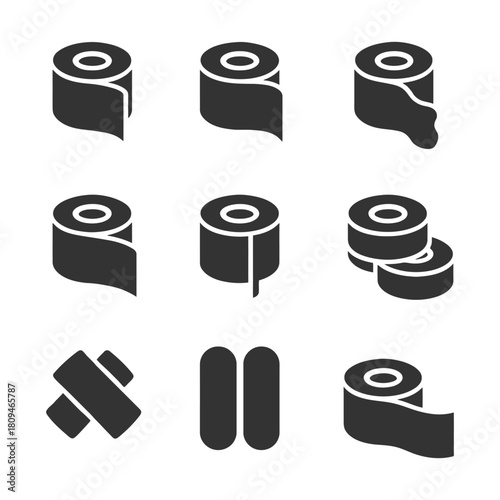 Set of nine black toilet paper roll icons in various styles and arrangements.