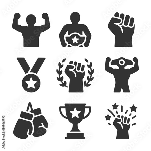 Set of black icons for boxing, fitness, and achievement.