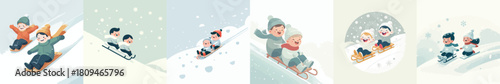 two children sliding on the snow with small sleds. Vektor, design, minimalist, illustrations, set icon