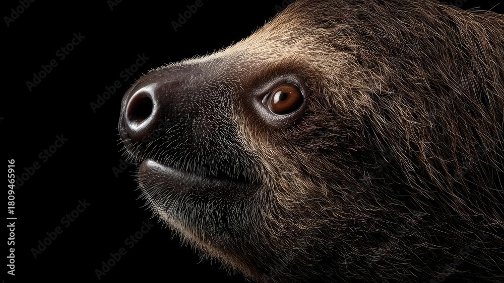 Naklejka premium Close-up of a sloth's face against a black background. Concept Sloth close-up, Black background, Intimate wildlife portrait, Soft lighting, Textured fur